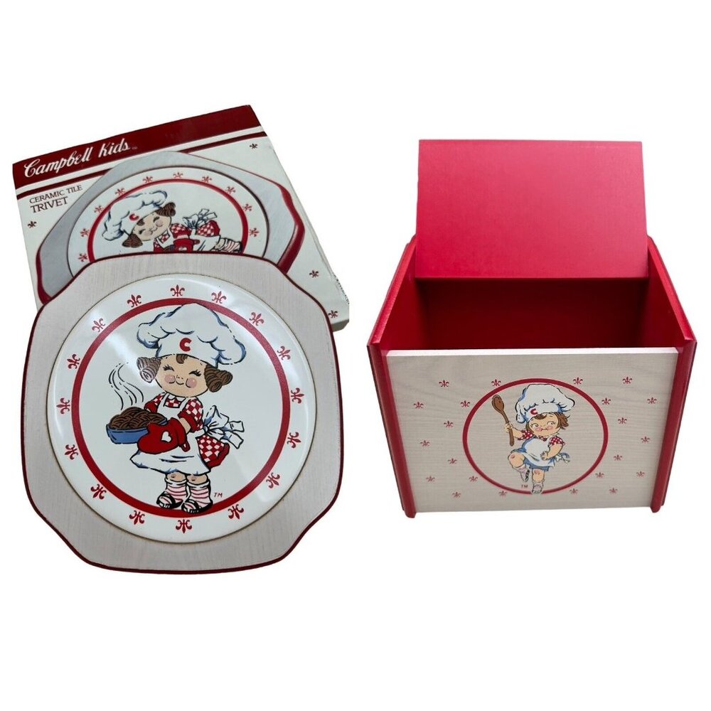 1991 Campbell Soup Wooden Recipe Box and ceramic tile trivet NOS 1991